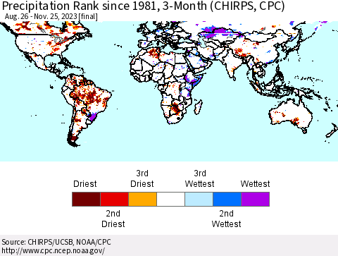 World Precipitation Rank since 1981, 3-Month (CHIRPS) Thematic Map For 8/26/2023 - 11/25/2023