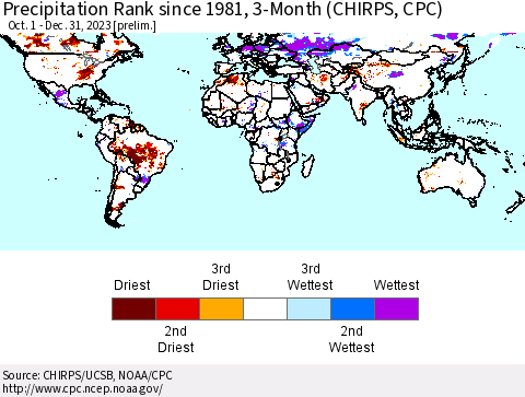 World Precipitation Rank since 1981, 3-Month (CHIRPS) Thematic Map For 10/1/2023 - 12/31/2023