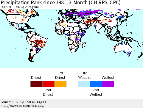 World Precipitation Rank since 1981, 3-Month (CHIRPS) Thematic Map For 10/21/2023 - 1/20/2024