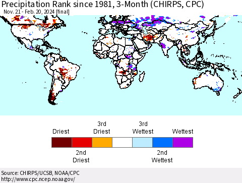 World Precipitation Rank since 1981, 3-Month (CHIRPS) Thematic Map For 11/21/2023 - 2/20/2024