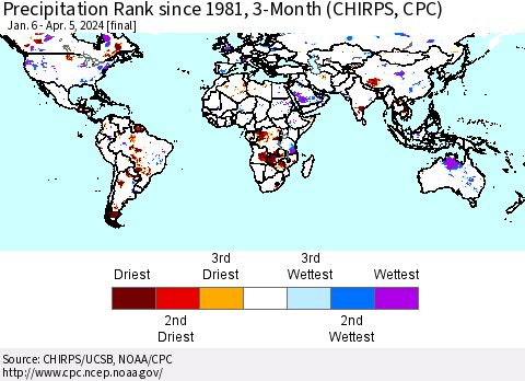 World Precipitation Rank since 1981, 3-Month (CHIRPS) Thematic Map For 1/6/2024 - 4/5/2024