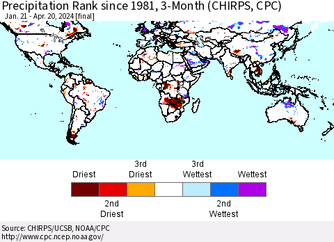 World Precipitation Rank since 1981, 3-Month (CHIRPS) Thematic Map For 1/21/2024 - 4/20/2024