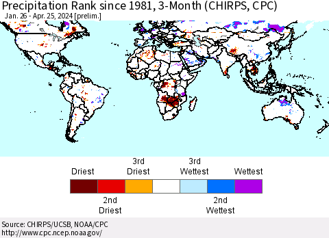 World Precipitation Rank since 1981, 3-Month (CHIRPS) Thematic Map For 1/26/2024 - 4/25/2024