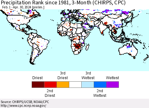 World Precipitation Rank since 1981, 3-Month (CHIRPS) Thematic Map For 2/1/2024 - 4/30/2024