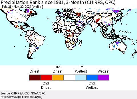 World Precipitation Rank since 1981, 3-Month (CHIRPS) Thematic Map For 2/21/2024 - 5/20/2024