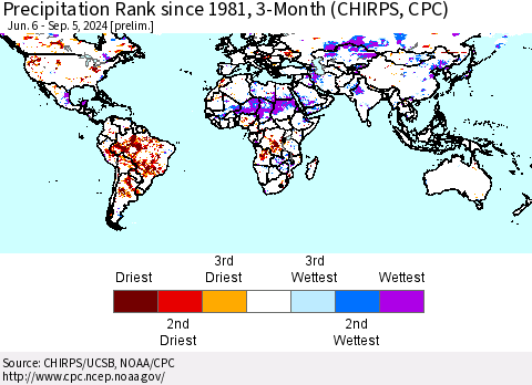 World Precipitation Rank since 1981, 3-Month (CHIRPS) Thematic Map For 6/6/2024 - 9/5/2024