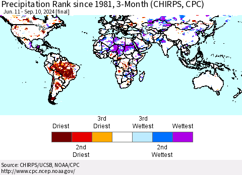 World Precipitation Rank since 1981, 3-Month (CHIRPS) Thematic Map For 6/11/2024 - 9/10/2024