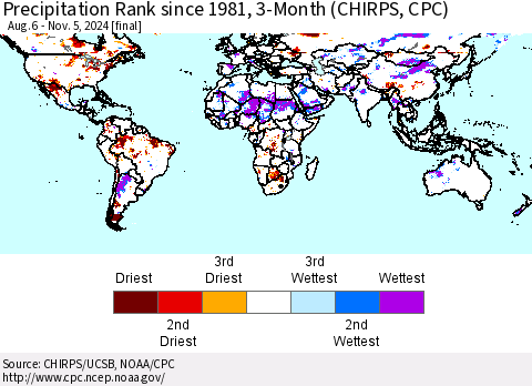 World Precipitation Rank since 1981, 3-Month (CHIRPS) Thematic Map For 8/6/2024 - 11/5/2024