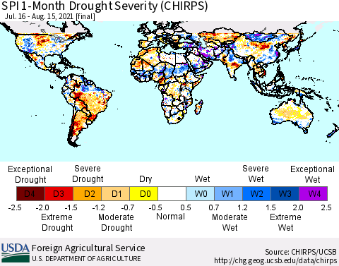World SPI 1-Month Drought Severity (CHIRPS) Thematic Map For 7/16/2021 - 8/15/2021