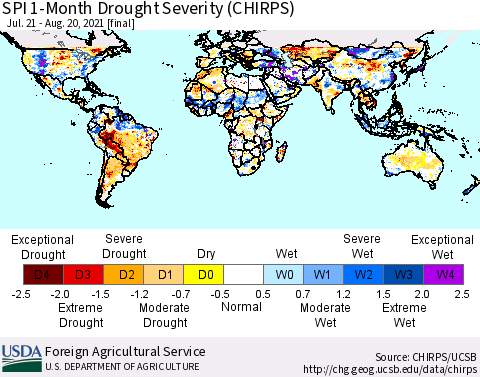 World SPI 1-Month Drought Severity (CHIRPS) Thematic Map For 7/21/2021 - 8/20/2021