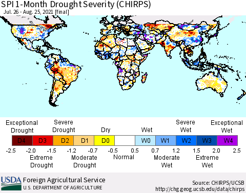 World SPI 1-Month Drought Severity (CHIRPS) Thematic Map For 7/26/2021 - 8/25/2021