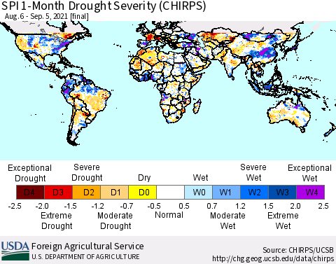 World SPI 1-Month Drought Severity (CHIRPS) Thematic Map For 8/6/2021 - 9/5/2021