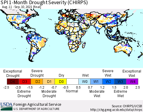 World SPI 1-Month Drought Severity (CHIRPS) Thematic Map For 8/11/2021 - 9/10/2021