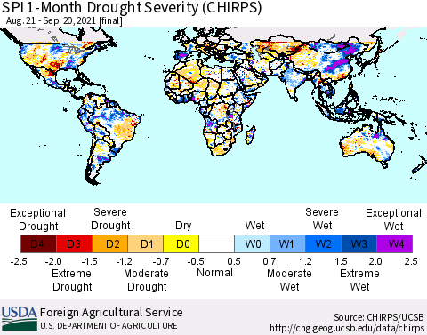 World SPI 1-Month Drought Severity (CHIRPS) Thematic Map For 8/21/2021 - 9/20/2021