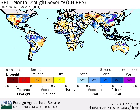 World SPI 1-Month Drought Severity (CHIRPS) Thematic Map For 8/26/2021 - 9/25/2021