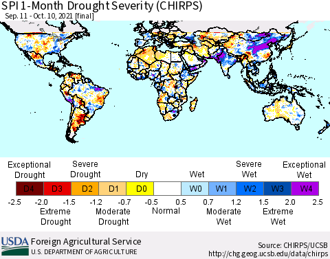 World SPI 1-Month Drought Severity (CHIRPS) Thematic Map For 9/11/2021 - 10/10/2021