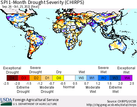 World SPI 1-Month Drought Severity (CHIRPS) Thematic Map For 9/26/2021 - 10/25/2021