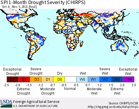 World SPI 1-Month Drought Severity (CHIRPS) Thematic Map For 10/6/2021 - 11/5/2021