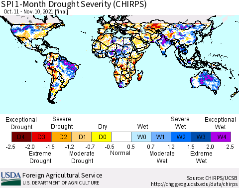 World SPI 1-Month Drought Severity (CHIRPS) Thematic Map For 10/11/2021 - 11/10/2021