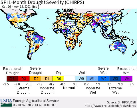 World SPI 1-Month Drought Severity (CHIRPS) Thematic Map For 10/16/2021 - 11/15/2021