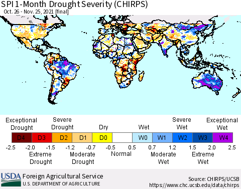 World SPI 1-Month Drought Severity (CHIRPS) Thematic Map For 10/26/2021 - 11/25/2021