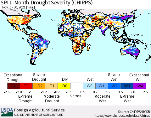 World SPI 1-Month Drought Severity (CHIRPS) Thematic Map For 11/1/2021 - 11/30/2021