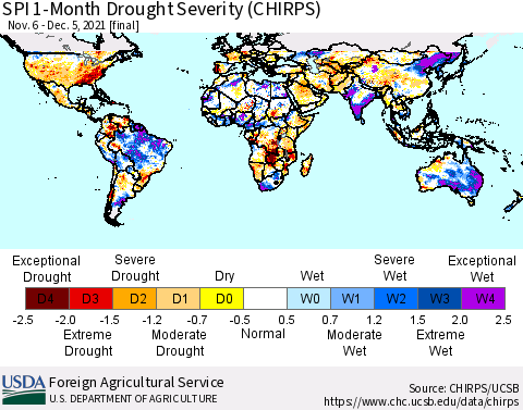World SPI 1-Month Drought Severity (CHIRPS) Thematic Map For 11/6/2021 - 12/5/2021