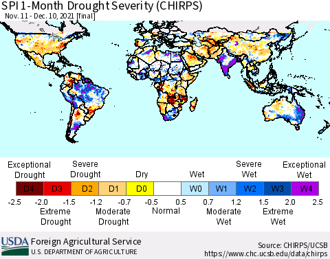 World SPI 1-Month Drought Severity (CHIRPS) Thematic Map For 11/11/2021 - 12/10/2021
