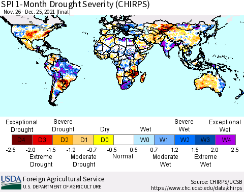 World SPI 1-Month Drought Severity (CHIRPS) Thematic Map For 11/26/2021 - 12/25/2021