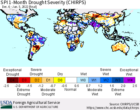 World SPI 1-Month Drought Severity (CHIRPS) Thematic Map For 12/6/2021 - 1/5/2022