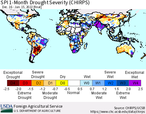 World SPI 1-Month Drought Severity (CHIRPS) Thematic Map For 12/16/2021 - 1/15/2022