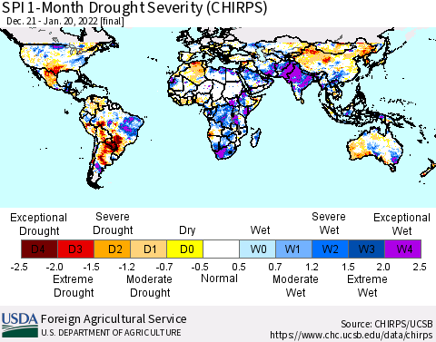 World SPI 1-Month Drought Severity (CHIRPS) Thematic Map For 12/21/2021 - 1/20/2022