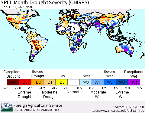 World SPI 1-Month Drought Severity (CHIRPS) Thematic Map For 1/1/2022 - 1/31/2022