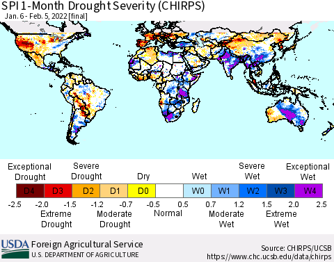 World SPI 1-Month Drought Severity (CHIRPS) Thematic Map For 1/6/2022 - 2/5/2022