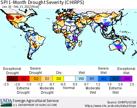 World SPI 1-Month Drought Severity (CHIRPS) Thematic Map For 1/16/2022 - 2/15/2022
