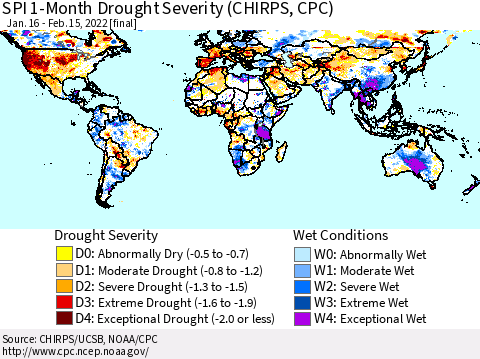 World SPI 1-Month Drought Severity (CHIRPS) Thematic Map For 1/16/2022 - 2/15/2022