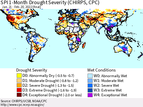 World SPI 1-Month Drought Severity (CHIRPS) Thematic Map For 1/21/2022 - 2/20/2022