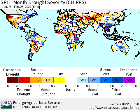 World SPI 1-Month Drought Severity (CHIRPS) Thematic Map For 1/26/2022 - 2/25/2022