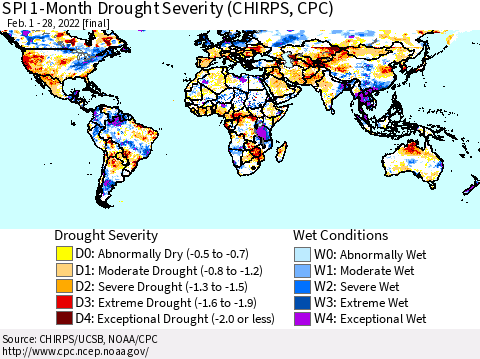 World SPI 1-Month Drought Severity (CHIRPS) Thematic Map For 2/1/2022 - 2/28/2022