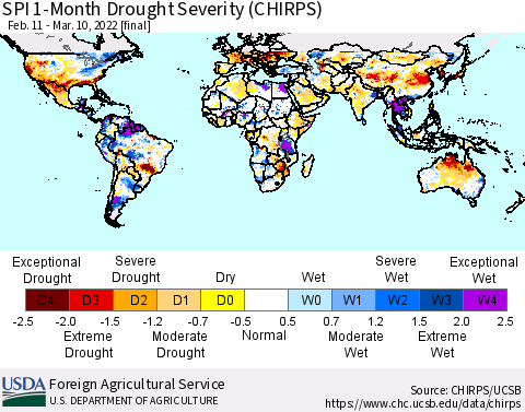 World SPI 1-Month Drought Severity (CHIRPS) Thematic Map For 2/11/2022 - 3/10/2022