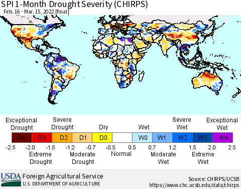 World SPI 1-Month Drought Severity (CHIRPS) Thematic Map For 2/16/2022 - 3/15/2022