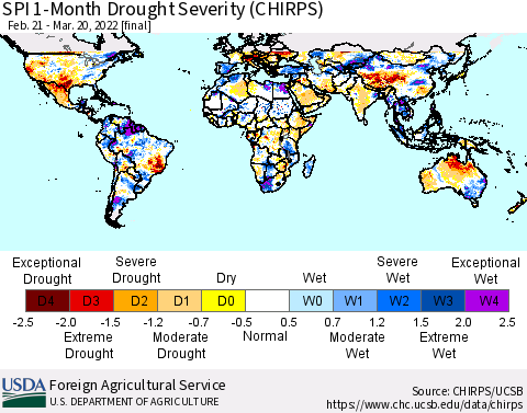 World SPI 1-Month Drought Severity (CHIRPS) Thematic Map For 2/21/2022 - 3/20/2022