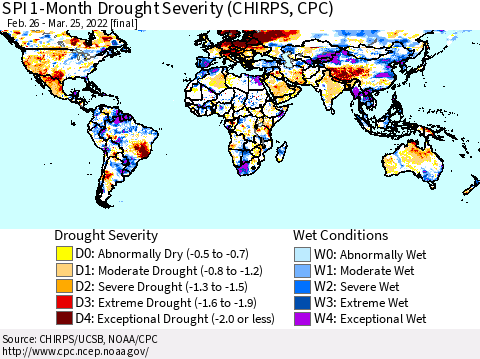 World SPI 1-Month Drought Severity (CHIRPS) Thematic Map For 2/26/2022 - 3/25/2022