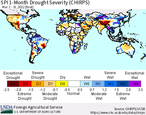World SPI 1-Month Drought Severity (CHIRPS) Thematic Map For 3/1/2022 - 3/31/2022