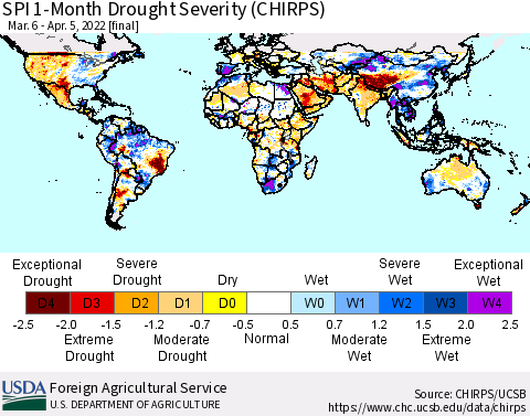 World SPI 1-Month Drought Severity (CHIRPS) Thematic Map For 3/6/2022 - 4/5/2022