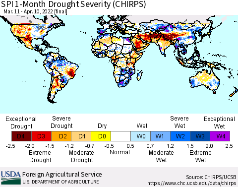 World SPI 1-Month Drought Severity (CHIRPS) Thematic Map For 3/11/2022 - 4/10/2022