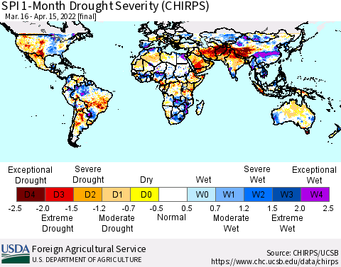 World SPI 1-Month Drought Severity (CHIRPS) Thematic Map For 3/16/2022 - 4/15/2022