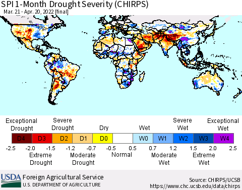 World SPI 1-Month Drought Severity (CHIRPS) Thematic Map For 3/21/2022 - 4/20/2022