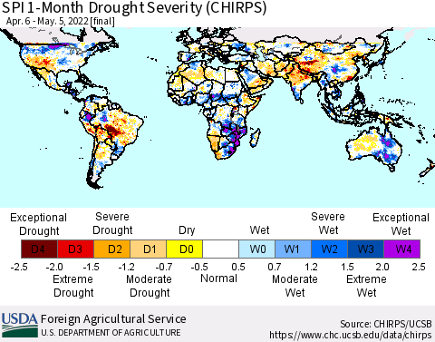 World SPI 1-Month Drought Severity (CHIRPS) Thematic Map For 4/6/2022 - 5/5/2022