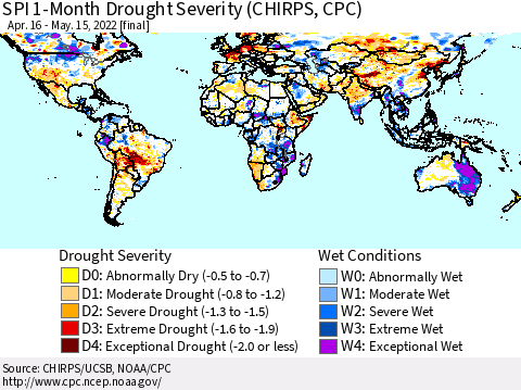 World SPI 1-Month Drought Severity (CHIRPS) Thematic Map For 4/16/2022 - 5/15/2022